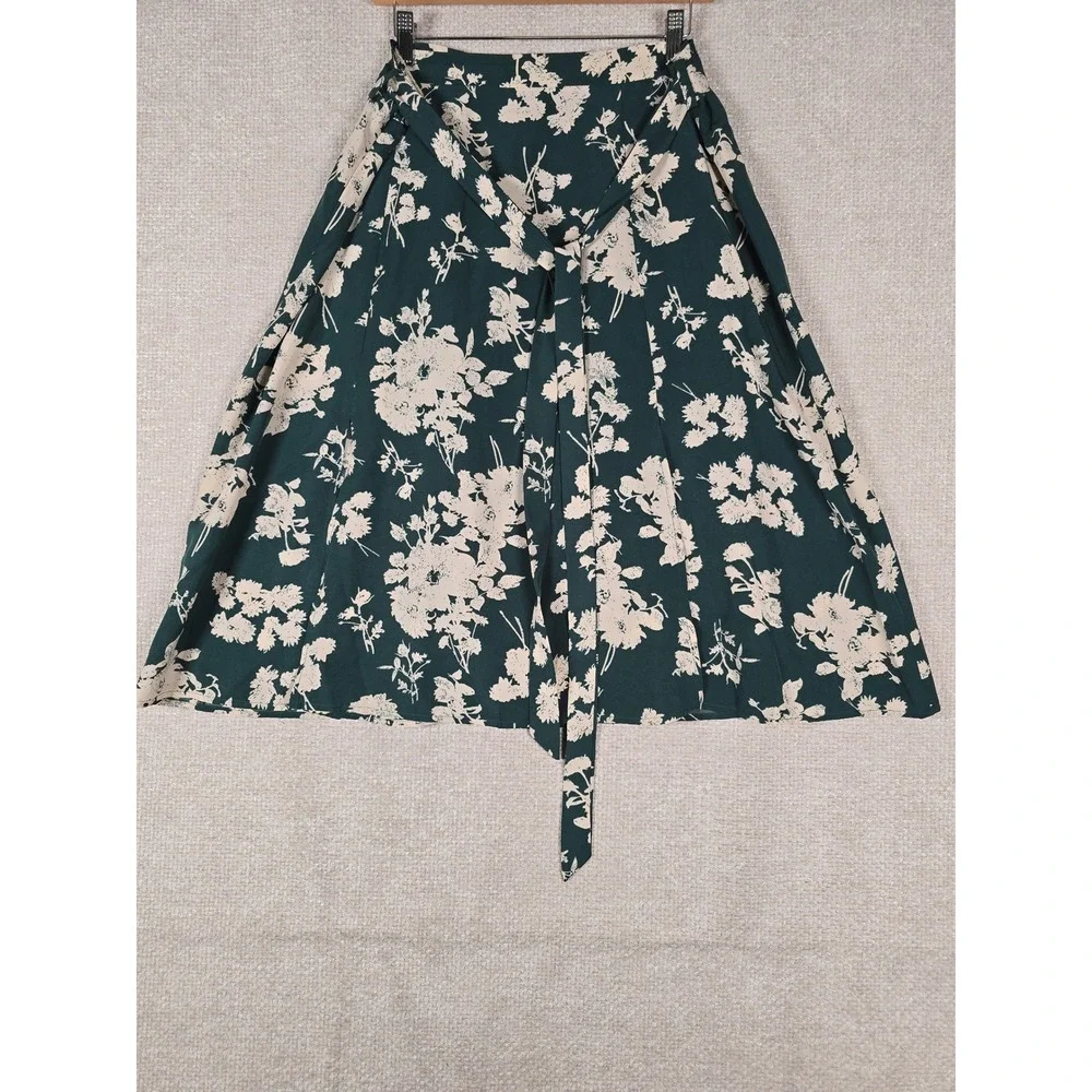 Allegra K XL‎ Green Floral Midi Skirt A-Line Self Tie Belt Side Slit Womens
